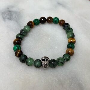 Beaded Skull Stretch Bracelet in Green and Brown